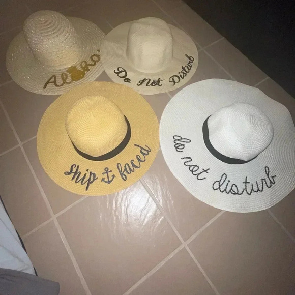 - WIDE BRIM STRAW HAT WITH METALLIC GOLD ALOHA WRITTEN IN SCRIPT - Picture 2 of 9